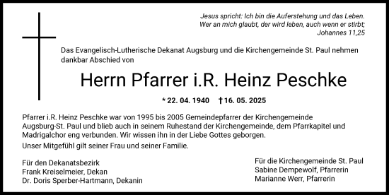 Traueranzeige von Heinz Peschke von Augsburger Allgemeine