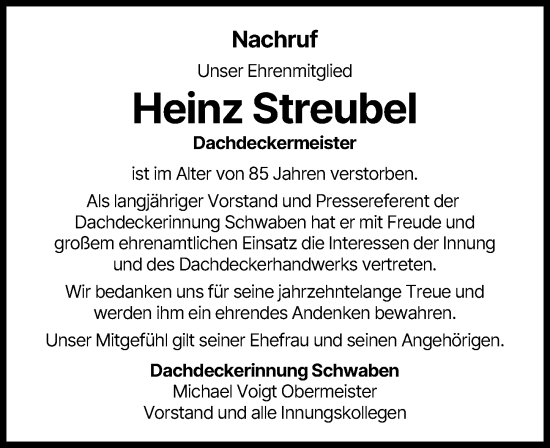 Traueranzeige von Heinz Streubel von Augsburger Allgemeine