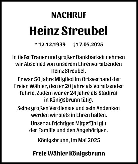 Traueranzeige von Heinz Streubel von Schwabmünchner Allgemeine