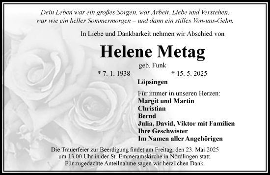 Traueranzeige von Helene Metag von Rieser Nachrichten