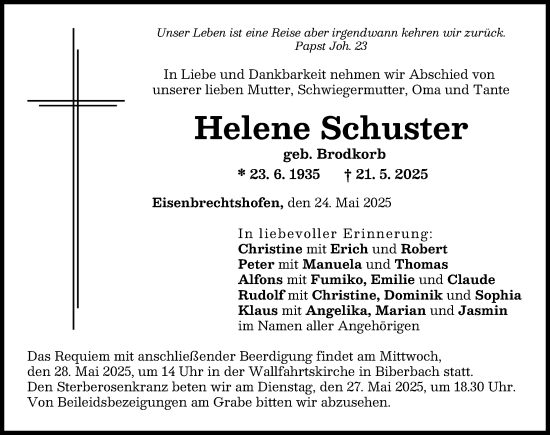 Traueranzeige von Helene Schuster von Augsburg-Land