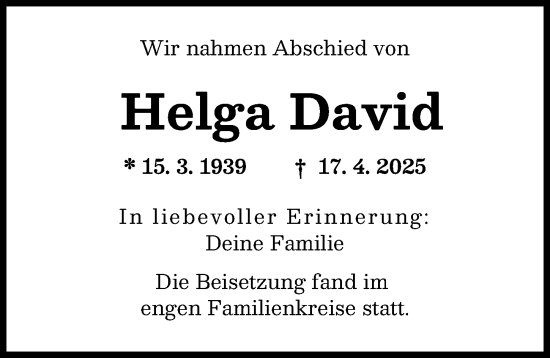Traueranzeige von Helga David von Augsburger Allgemeine
