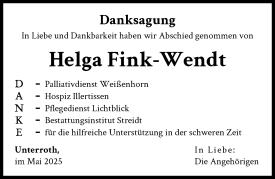 Traueranzeige von Helga Fink-Wendt von Illertisser Zeitung
