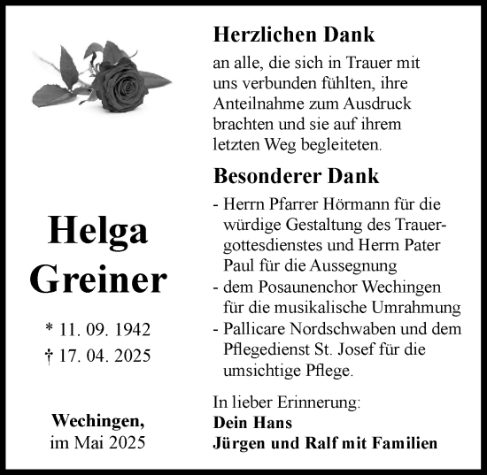 Traueranzeige von Helga Greiner von Rieser Nachrichten