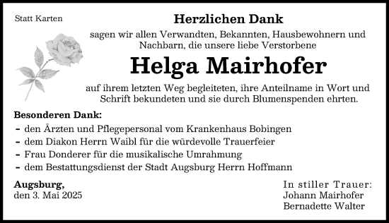 Traueranzeige von Helga Mairhofer von Augsburger Allgemeine