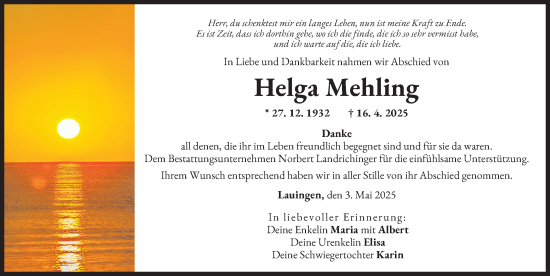 Traueranzeige von Helga Mehling von Donau Zeitung