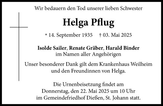 Traueranzeige von Helga Pflug von Ammersee Kurier
