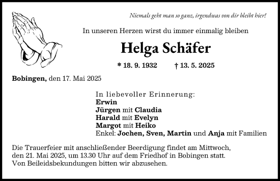 Traueranzeige von Helga Schäfer von Schwabmünchner Allgemeine