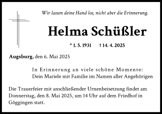 Traueranzeige von Helma Schüßler von Augsburger Allgemeine