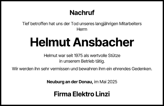 Traueranzeige von Helmut Ansbacher von Neuburger Rundschau