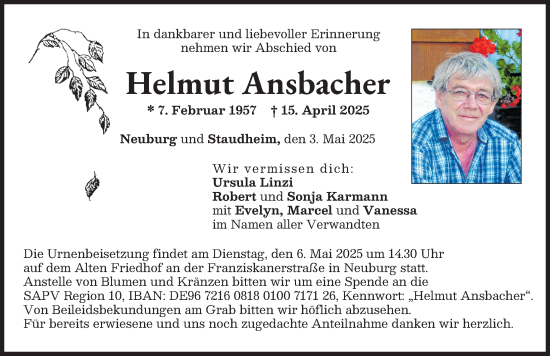 Traueranzeige von Helmut Ansbacher von Neuburger Rundschau