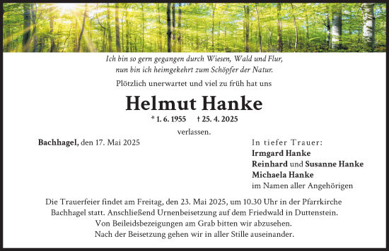 Traueranzeige von Helmut Hanke von Donau Zeitung