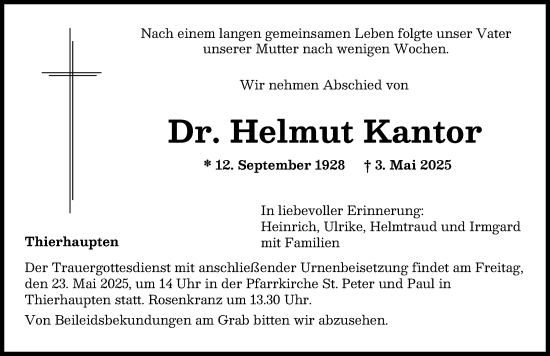 Traueranzeige von Helmut Kantor von Augsburger Allgemeine