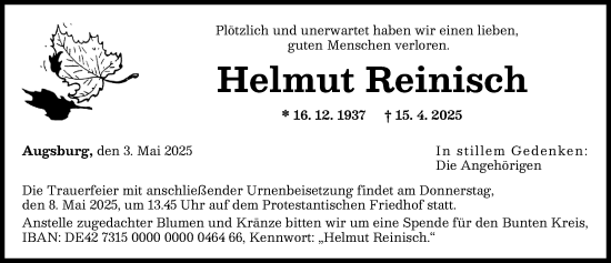 Traueranzeige von Helmut Reinisch von Augsburger Allgemeine