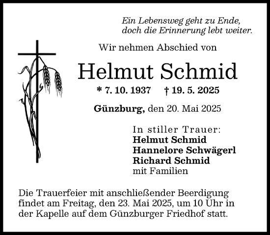 Traueranzeige von Helmut Schmid von Günzburger Zeitung