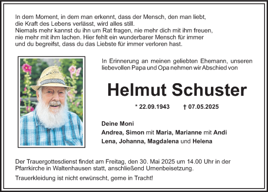 Traueranzeige von Helmut Schuster von Mittelschwäbische Nachrichten