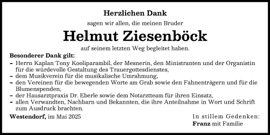 Traueranzeige von Helmut Ziesenböck von Augsburg-Land