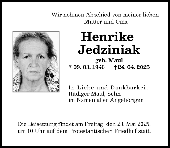 Traueranzeige von Henrike Jedziniak von Augsburger Allgemeine