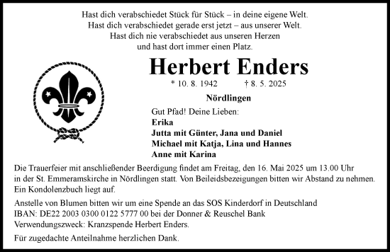 Traueranzeige von Herbert Enders von Rieser Nachrichten