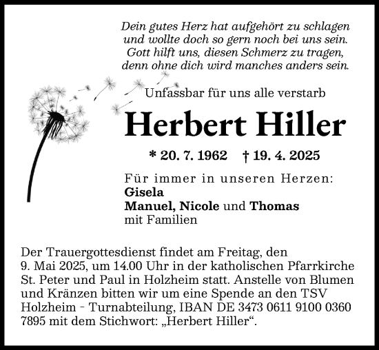 Traueranzeige von Herbert Hiller von Neu-Ulmer Zeitung