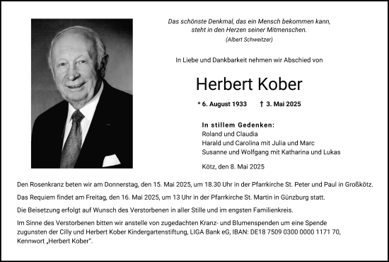 Traueranzeige von Herbert Kober von Mittelschwäbische Nachrichten, Günzburger Zeitung
