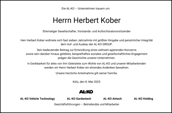 Traueranzeige von Herbert Kober von Mittelschwäbische Nachrichten, Günzburger Zeitung