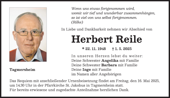 Traueranzeige von Herbert Reile von Donauwörther Zeitung