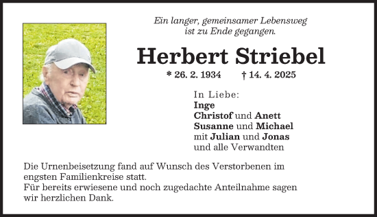 Traueranzeige von Herbert Striebel von Neuburger Rundschau