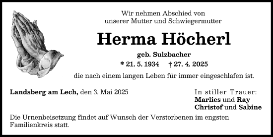 Traueranzeige von Herma Höcherl von Landsberger Tagblatt