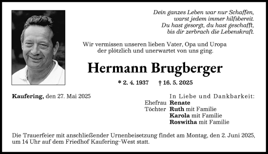 Traueranzeige von Hermann Brugberger von Landsberger Tagblatt