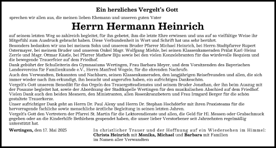 Traueranzeige von Hermann Heinrich von Donau Zeitung, Wertinger Zeitung