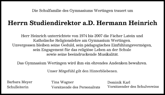 Traueranzeige von Hermann Heinrich von Wertinger Zeitung