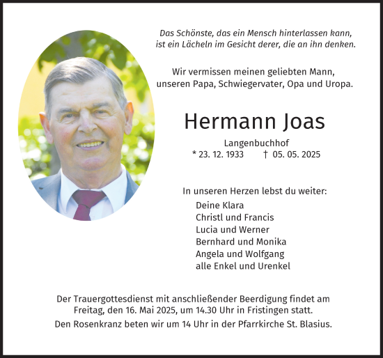 Traueranzeige von Hermann Joas von Donau Zeitung