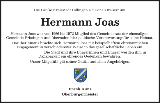 Traueranzeige von Hermann Joas von Donau Zeitung