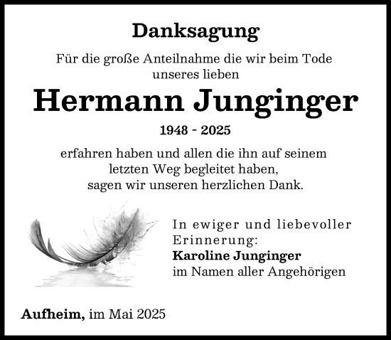 Traueranzeige von Hermann Junginger von Neu-Ulmer Zeitung