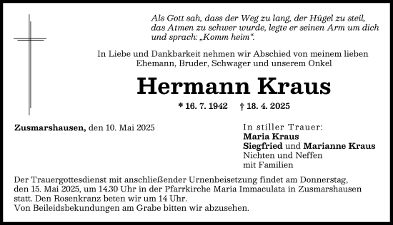 Traueranzeige von Hermann Kraus von Augsburg-Land