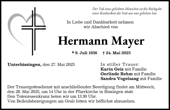 Traueranzeige von Hermann Mayer von Donau Zeitung, Rieser Nachrichten