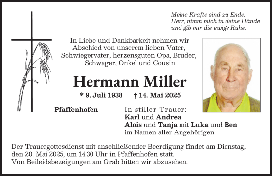 Traueranzeige von Hermann Miller von Wertinger Zeitung