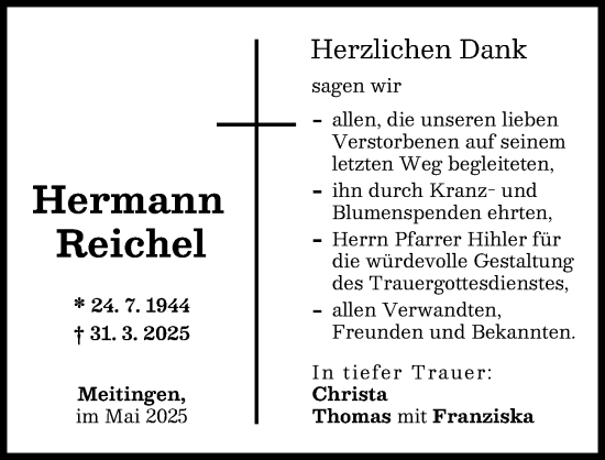 Traueranzeige von Hermann Reichel von Augsburg-Land