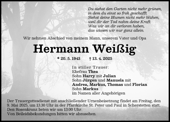 Traueranzeige von Hermann Weißig von Schwabmünchner Allgemeine