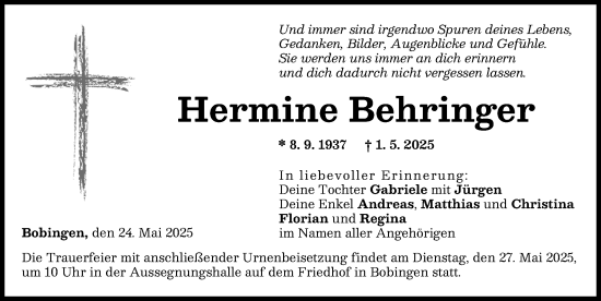 Traueranzeige von Hermine Behringer von Schwabmünchner Allgemeine