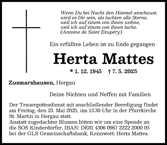 Traueranzeige von Herta Mattes von Augsburg-Land