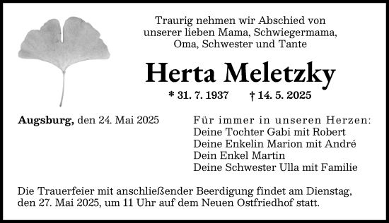 Traueranzeige von Herta Meletzky von Augsburger Allgemeine