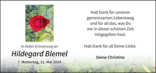 Traueranzeige von Hildegard Blemel von Mittelschwäbische Nachrichten