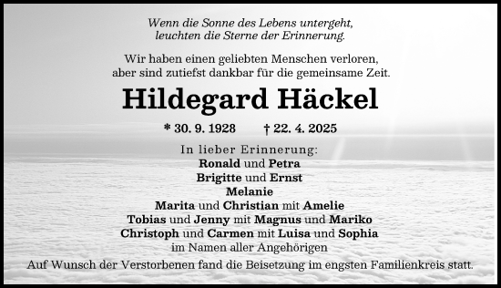 Traueranzeige von Hildegard Häckel von Donauwörther Zeitung