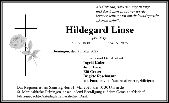 Traueranzeige von Hildegard Linse von Rieser Nachrichten