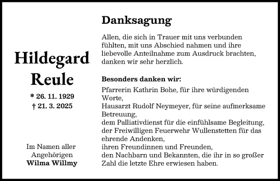Traueranzeige von Hildegard Reule von Neu-Ulmer Zeitung