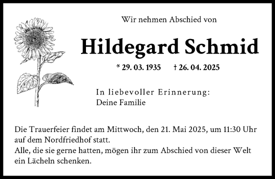 Traueranzeige von Hildegard Schmid von Augsburger Allgemeine