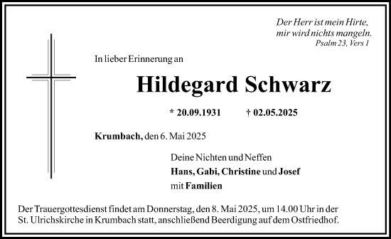 Traueranzeige von Hildegard Schwarz von Mittelschwäbische Nachrichten