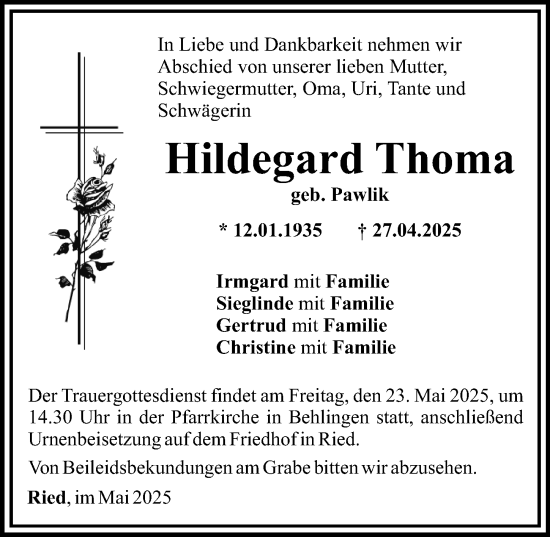 Traueranzeige von Hildegard Thoma von Günzburger Zeitung, Mittelschwäbische Nachrichten